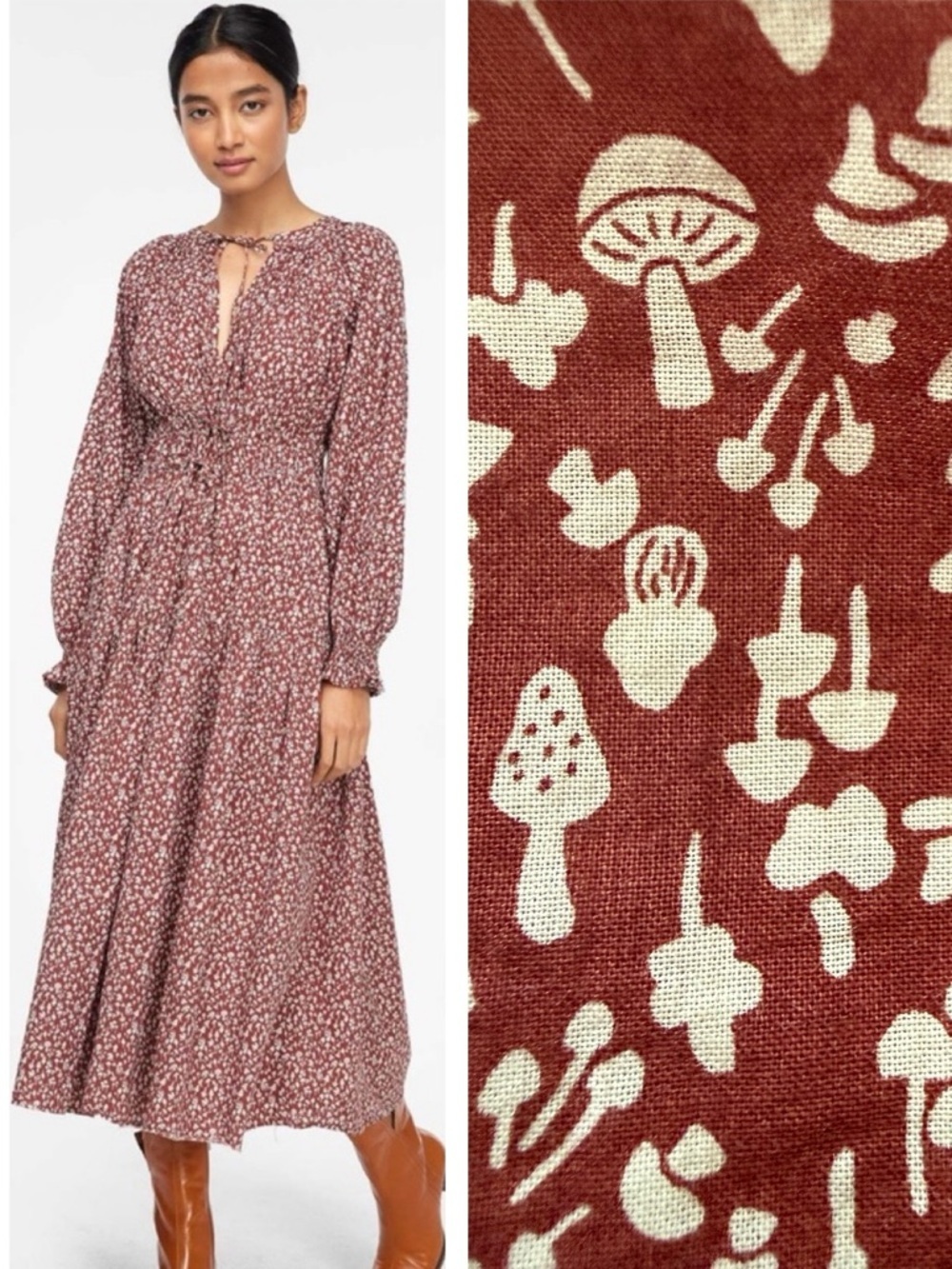 LACAUSA 100% Cotton Dana Mushroom Print Midi Dress Long Sleeve Medium